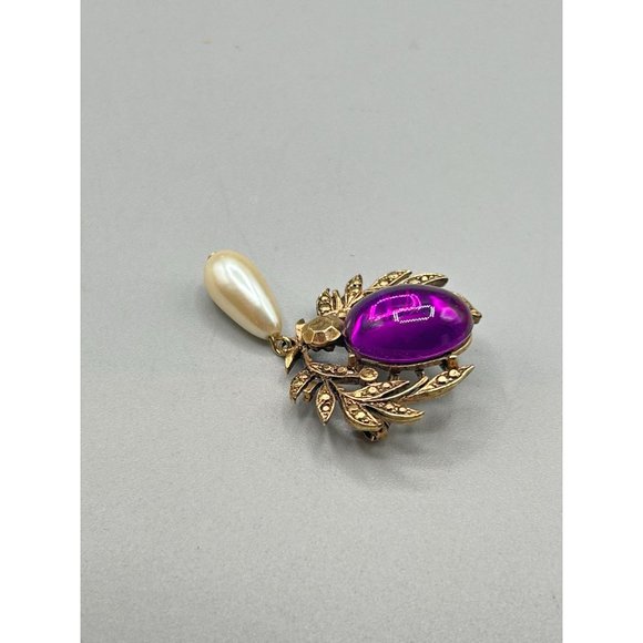 Fuchsia Purple Pin Brooch Pearl Drop Gold Tone 80s 90s Jewelry Acrylic Cabochon - Picture 3 of 6